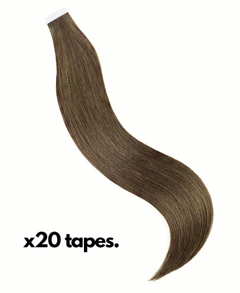 Brown hair extension with 'x20 tapes.' text on a white background