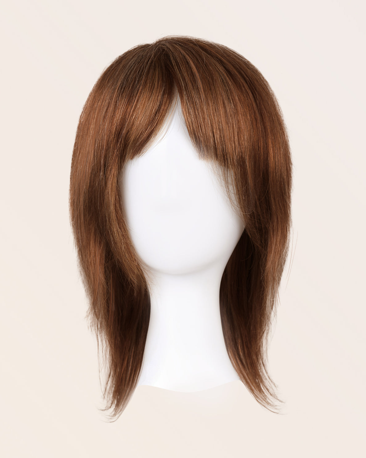 hair topper with bangs 12" medium brown.