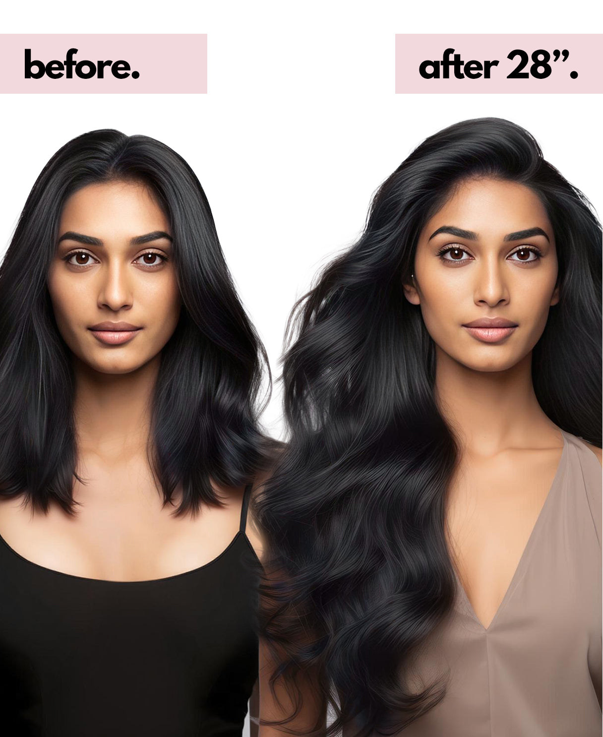 before and after jet black clip in hair extensions 28" inches