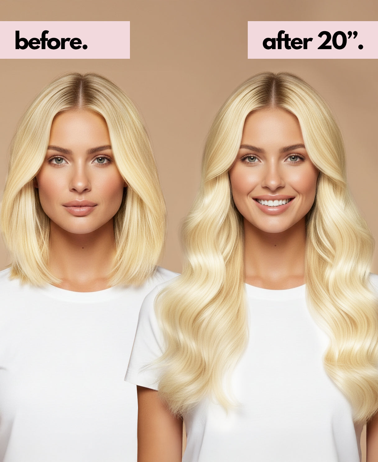 Before and after comparison of a woman's hair extensions on a beige background
