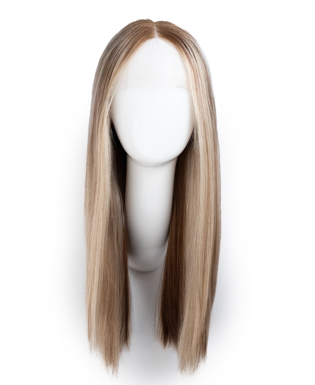 Blonde wig on a mannequin head against a white background