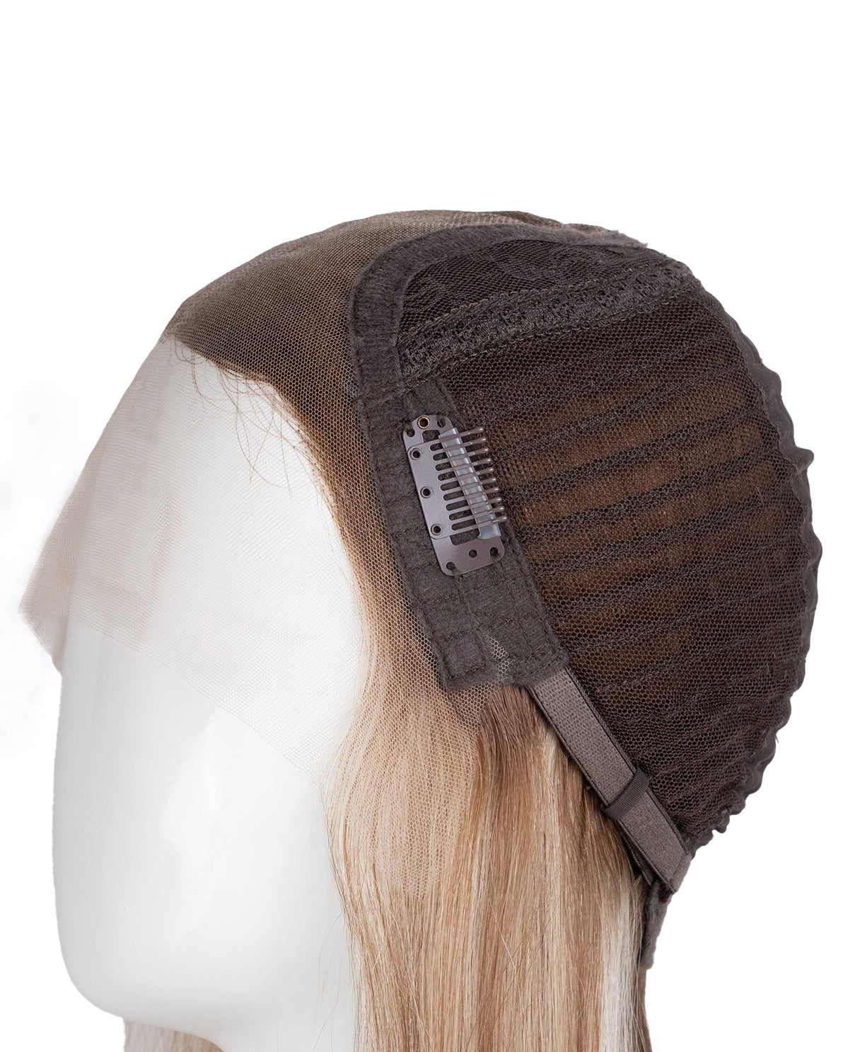 Brown wig cap on a mannequin head with blonde hair