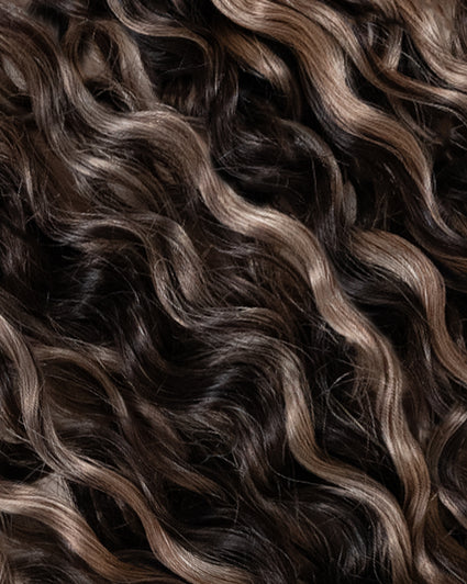 curly (3A curls) invisible clip-in hair extensions ash brown balayage.