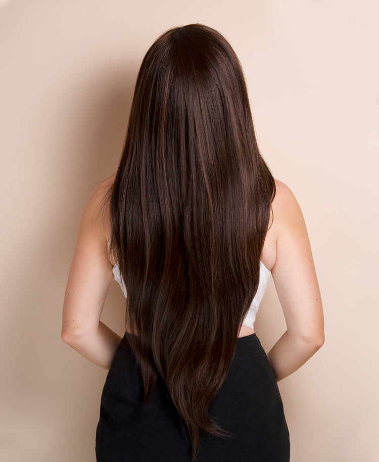 vegan fiber long layered wig 32" brown balayage.