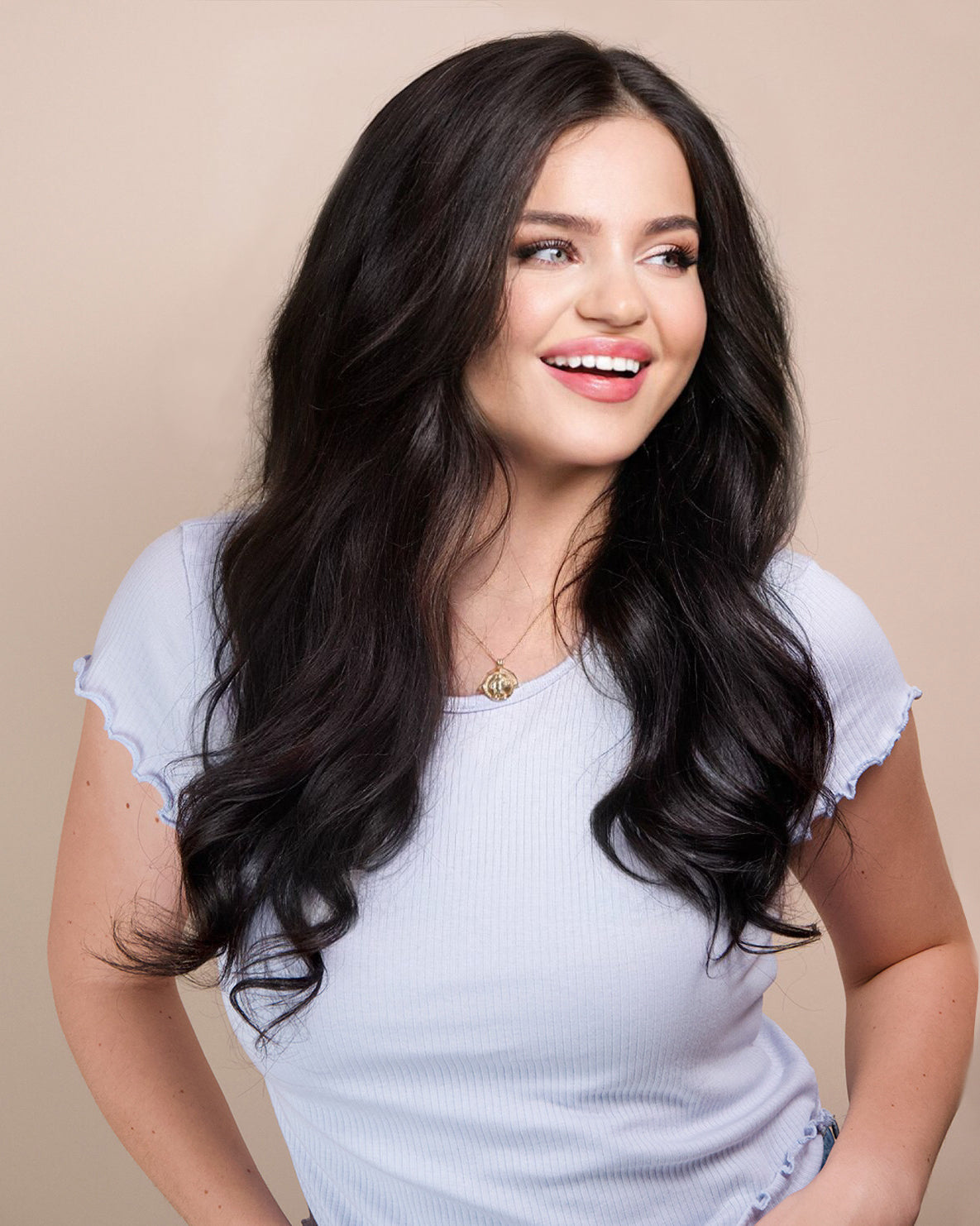 girl wearing human hair natural black wig