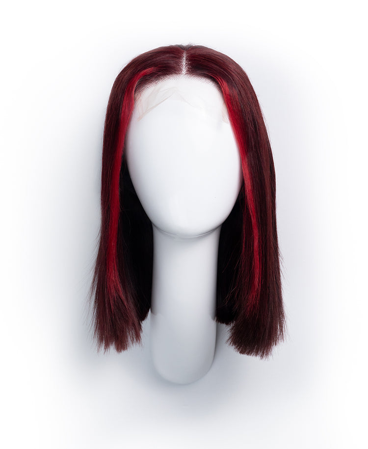 long bob human wig - 10" red money piece highlights.
