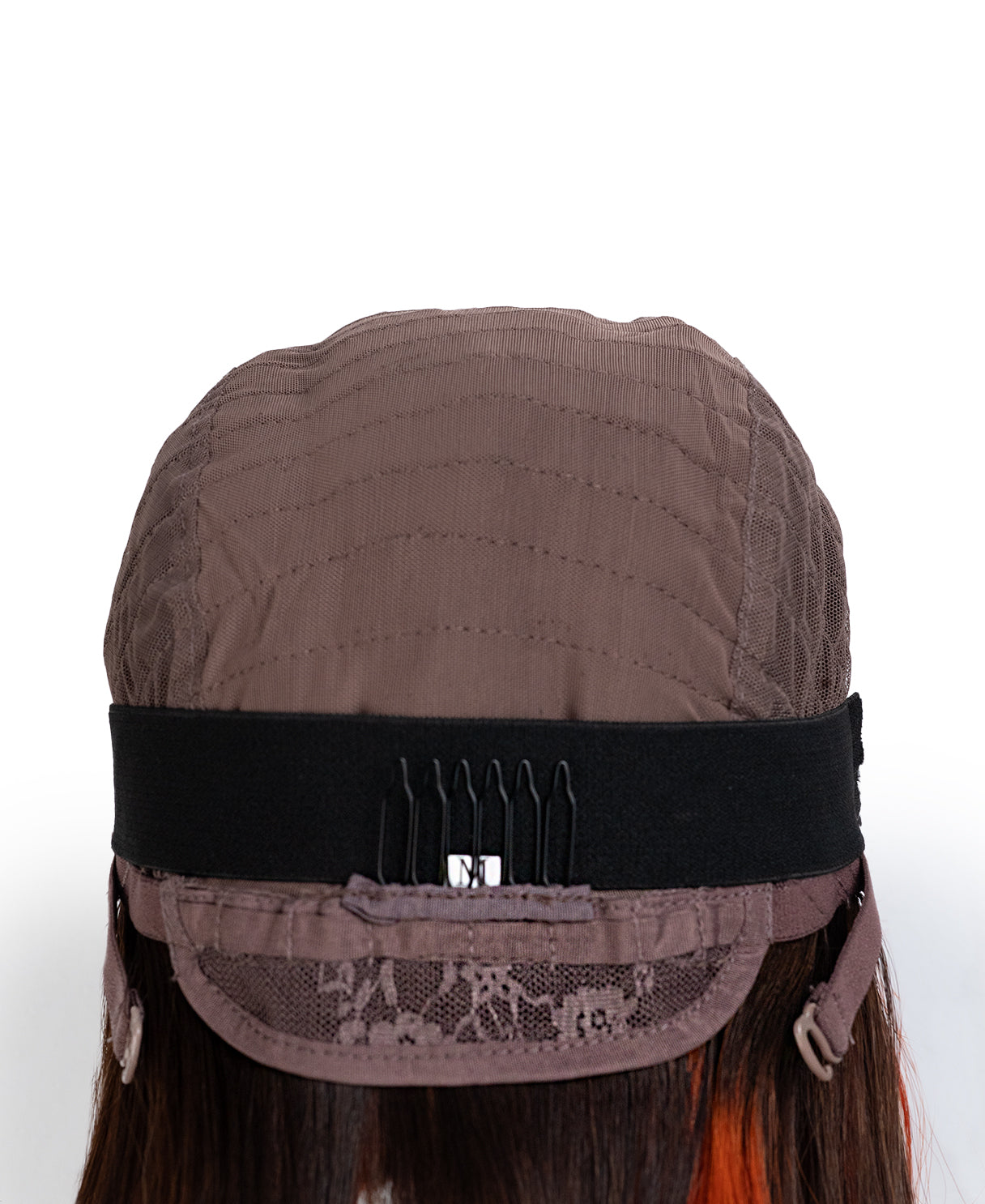 Brown cap with a black band and lace detail on a white background