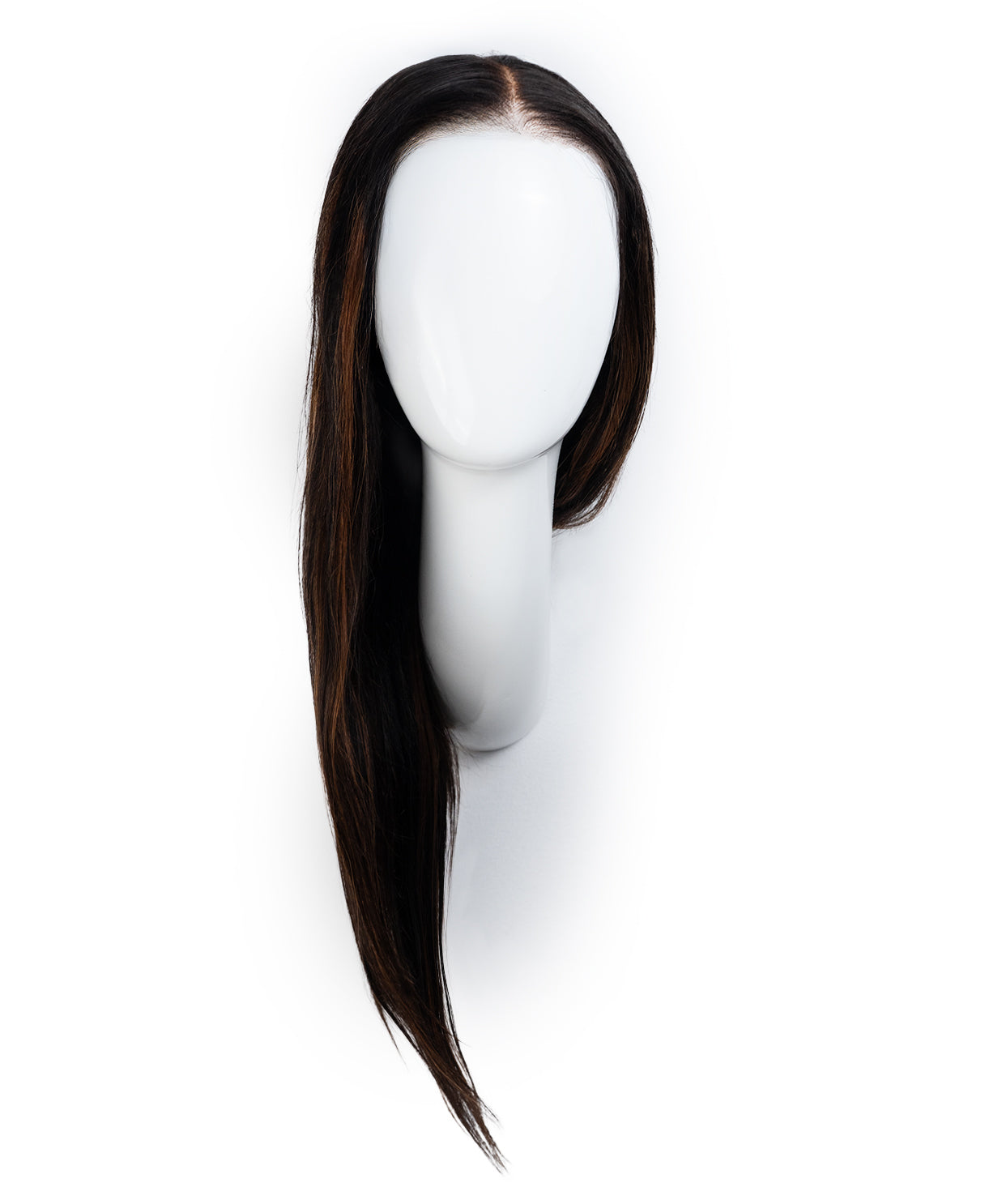 Mannequin head with a long brown wig on a white background