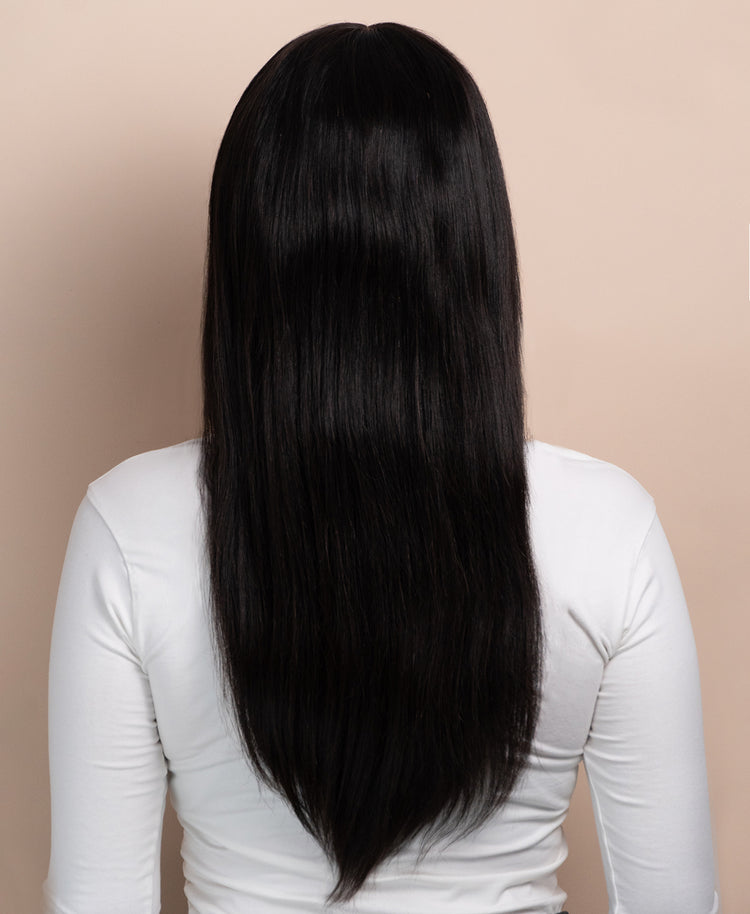 human hair wig with fringe - 20" black.