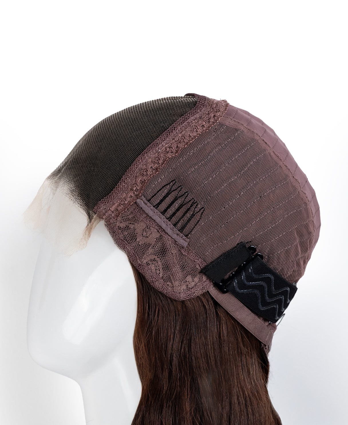 Brown lace front wig on a mannequin head with a white background