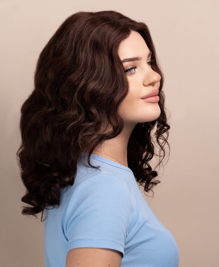 bouncy curls human wig - 16" medium brown.