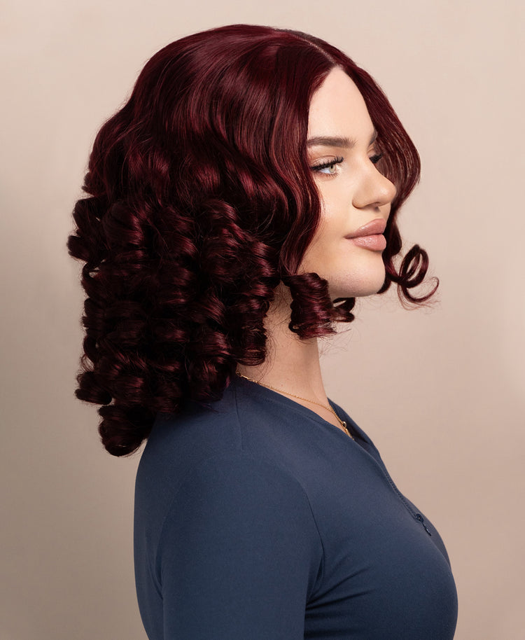bouncy curls human wig - 14" dark red.