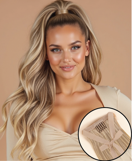 Woman with styled hair and close-up of ponytail extensions on a beige background