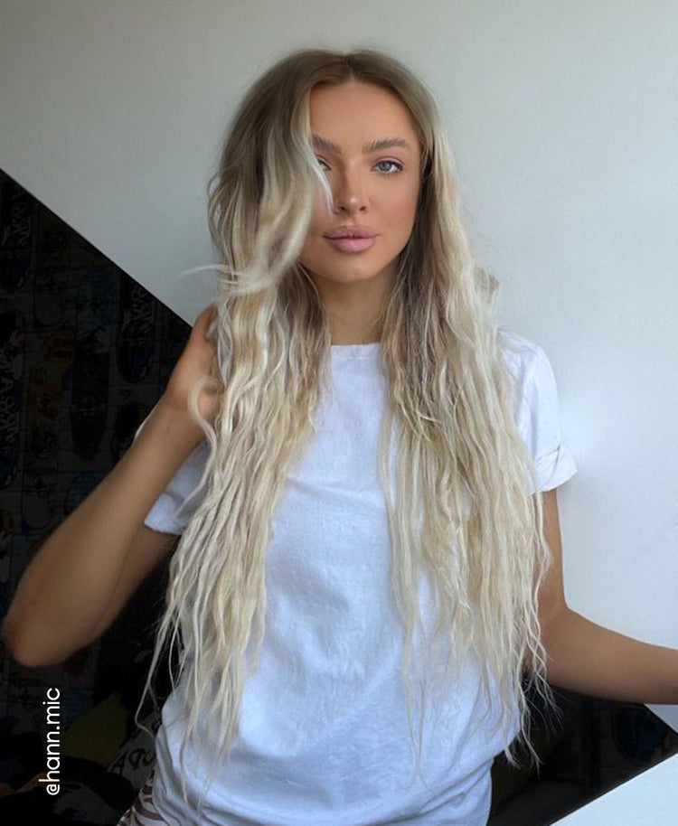 Invisible clip-in hair extensions #8-60 rooted blonde.
