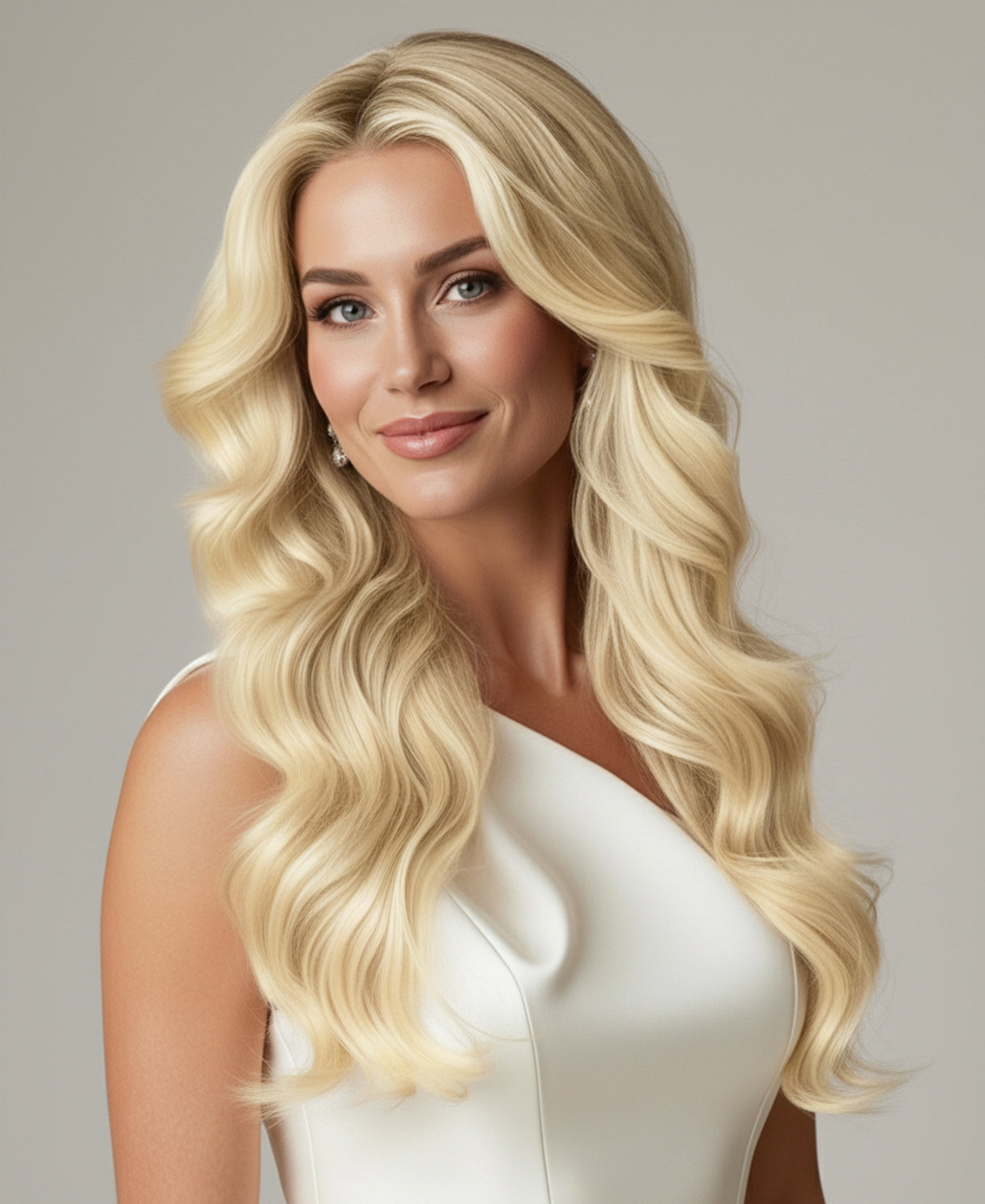 Woman with long blonde hair wearing a white dress against a neutral background and blonde hair extensions
