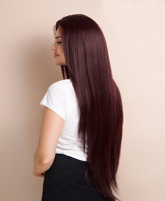 vegan fiber long layered wig 32" red wine.