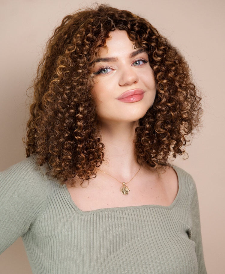 Curly Human Wig - 12” Caramel Balayage.