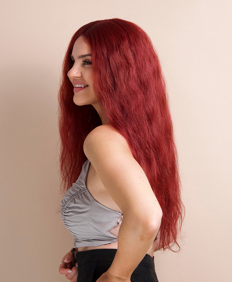 vegan fiber heatless wave wig 24" hot red.