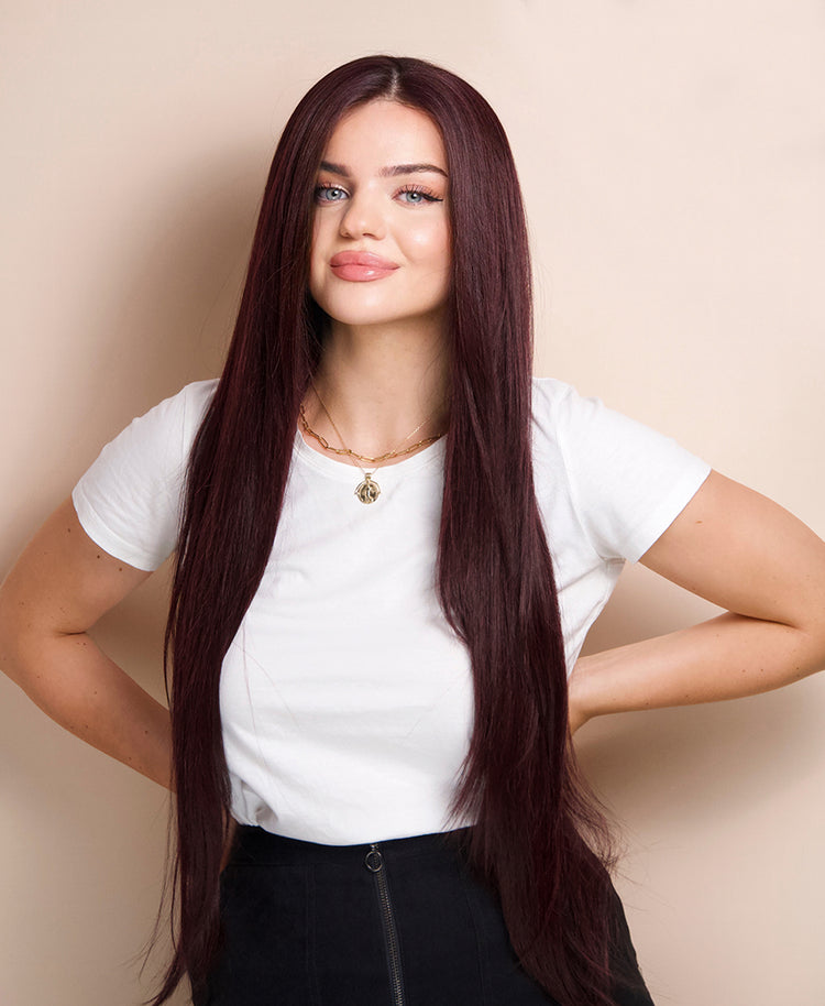 vegan fiber long layered wig 32" red wine.