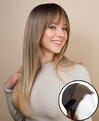 Woman with long hair and a close-up inset of hair extensions on a beige background