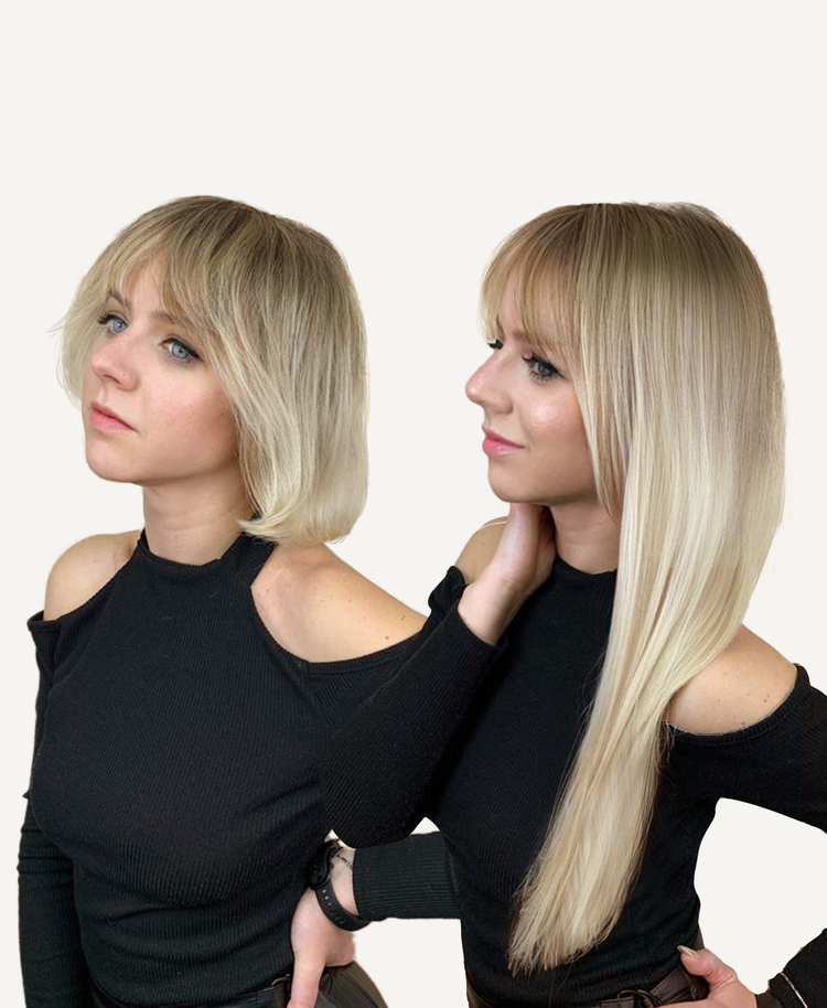 Invisible clip-in hair extensions #8-60 rooted blonde.