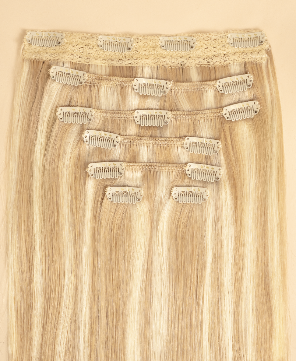 blonde highlights clip in hair extensions close-up wefts