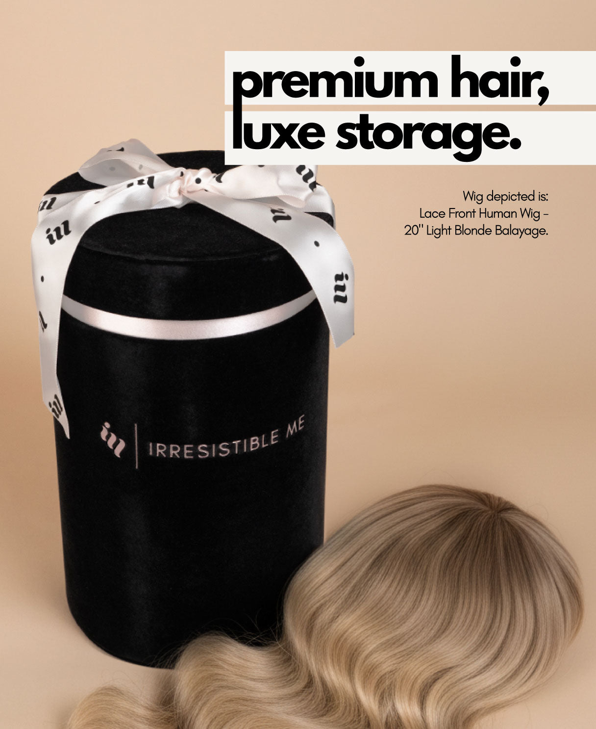 Black wig storage bag with 'Irresistible Me' branding and a blonde wig peeking out on a beige background.