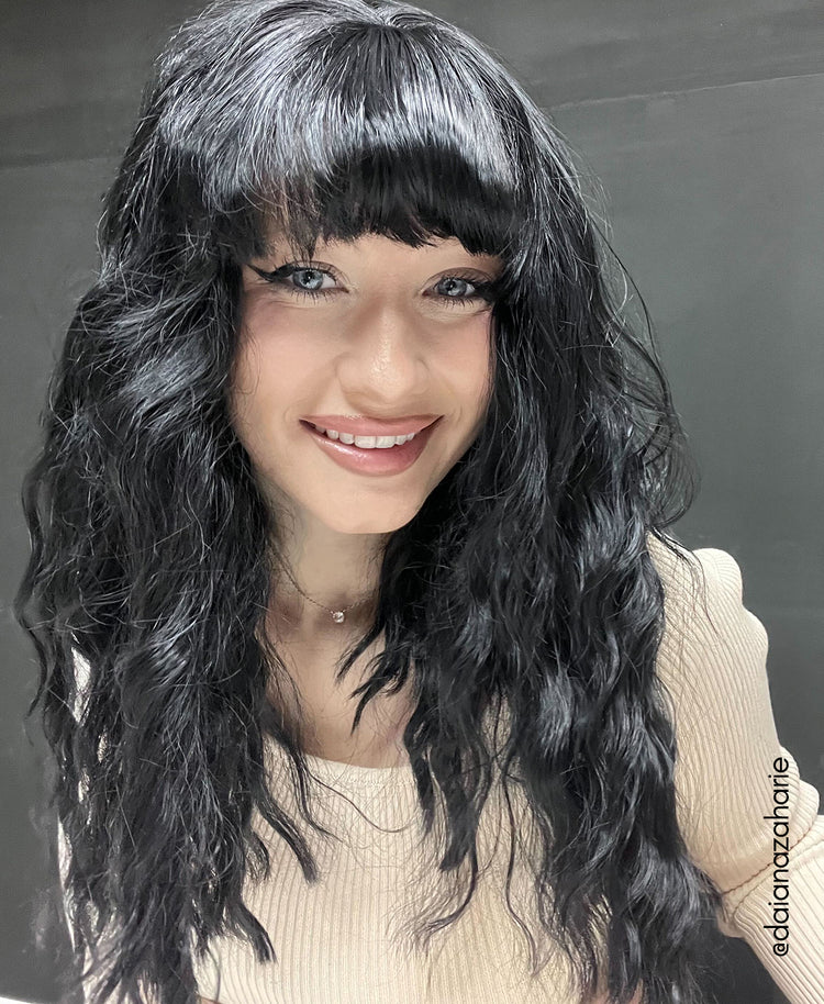 wavy black with bangs wig 14".