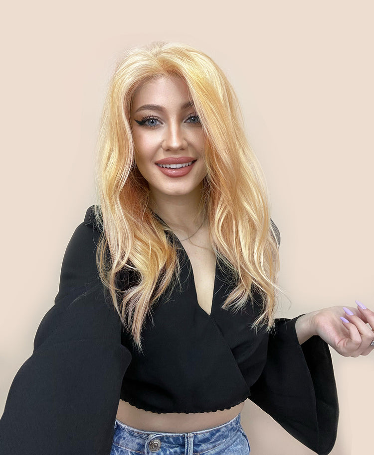 front lace human wig - 14" blonde highlights.