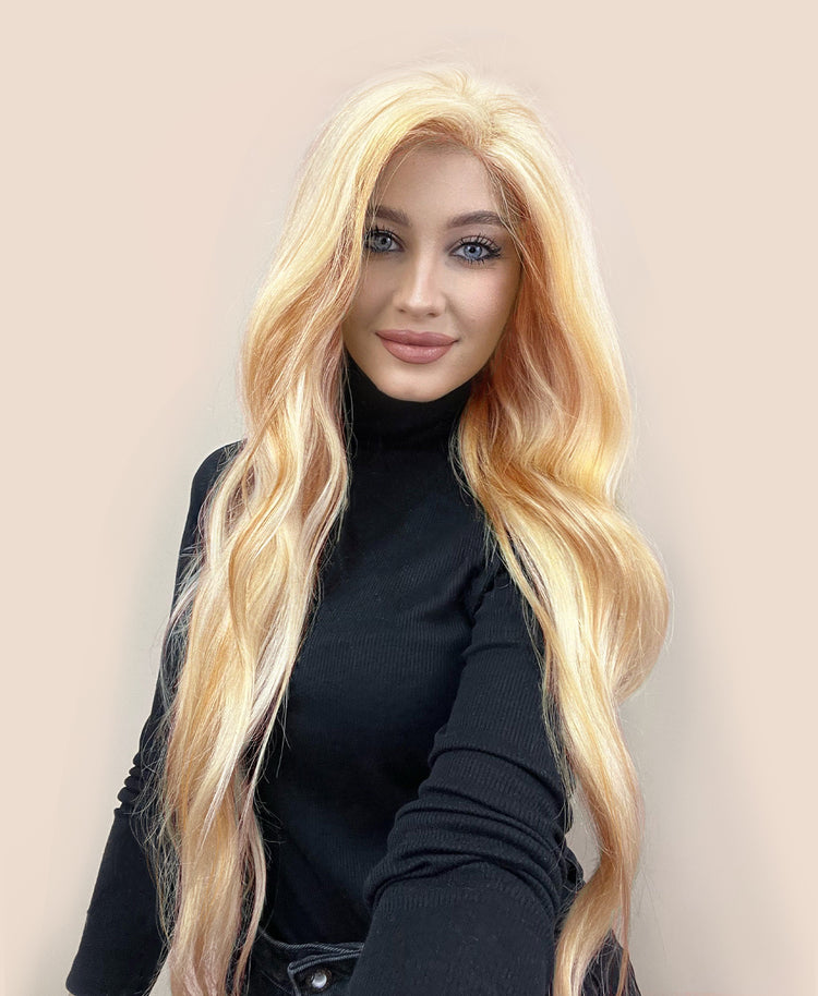 front lace human wig - 24" blonde highlights.