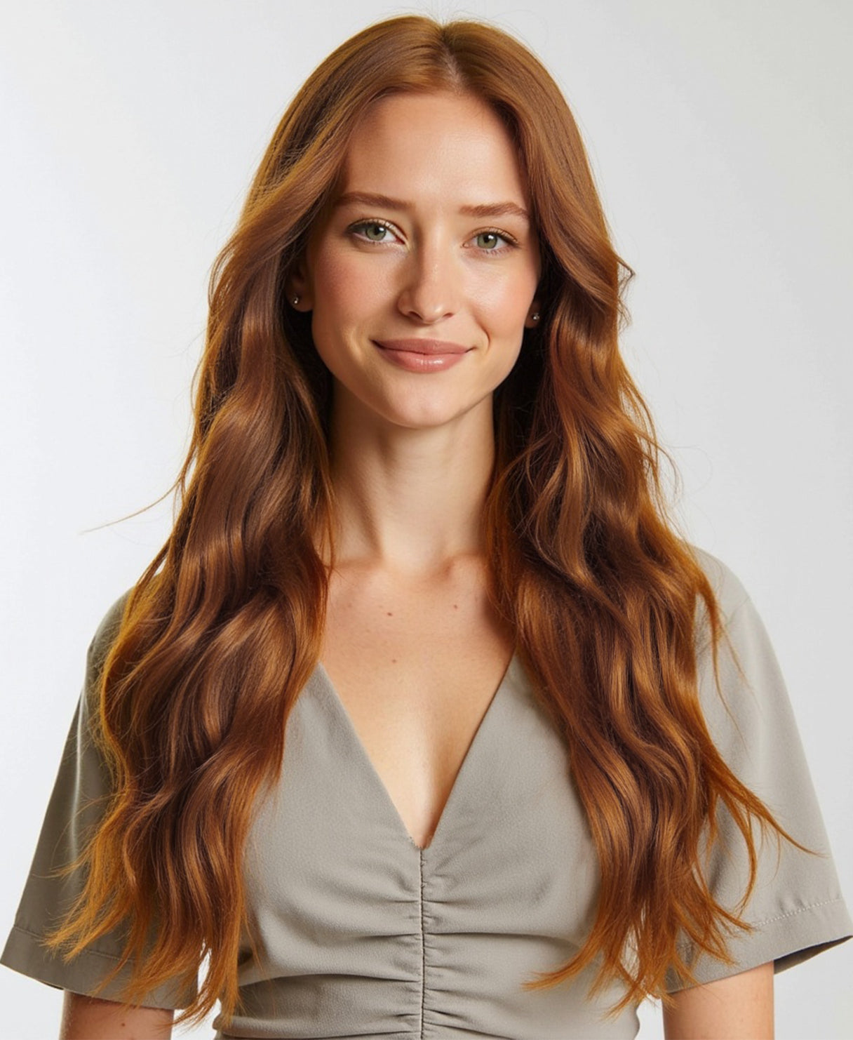 Woman with long wavy red hair extensions wearing a light green dress against a white background