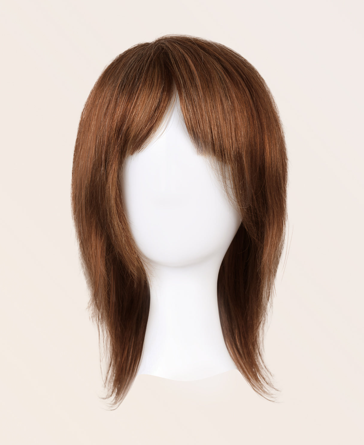 hair topper with bangs 12" medium brown.