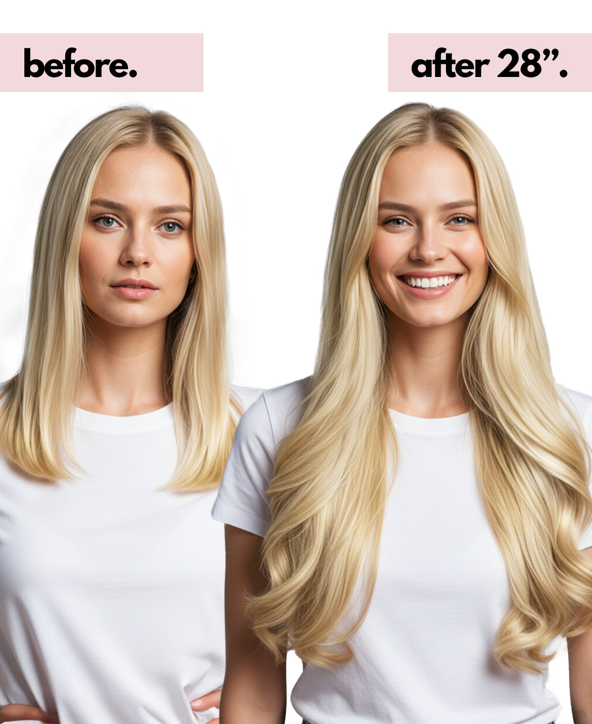 Before and after comparison of a woman with long blonde hair, showing a significant increase in hair length with hair extensions