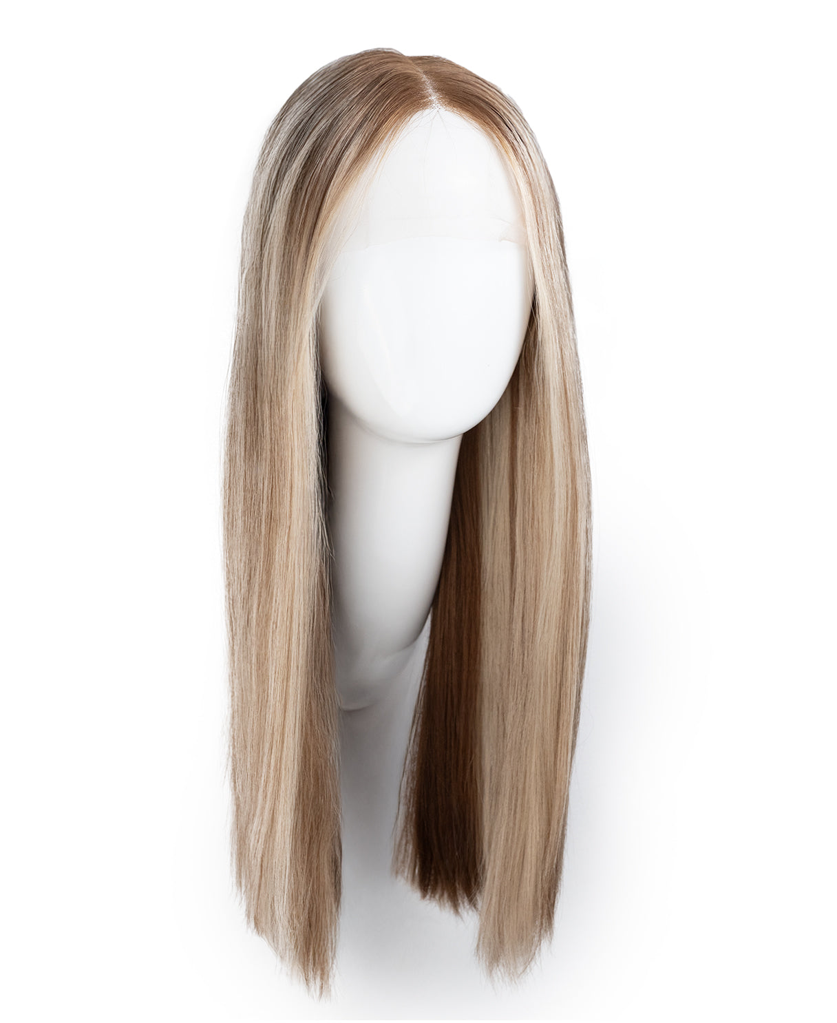 Blonde wig on a mannequin head against a white background