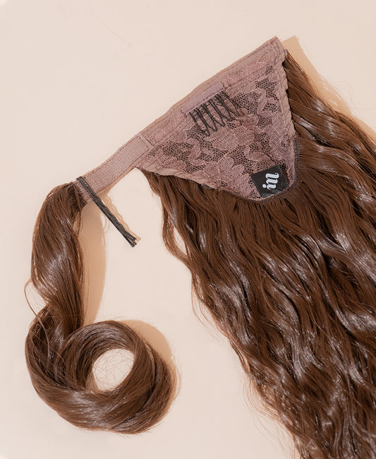 vegan fiber long wavy ponytail - chocolate brown 26".