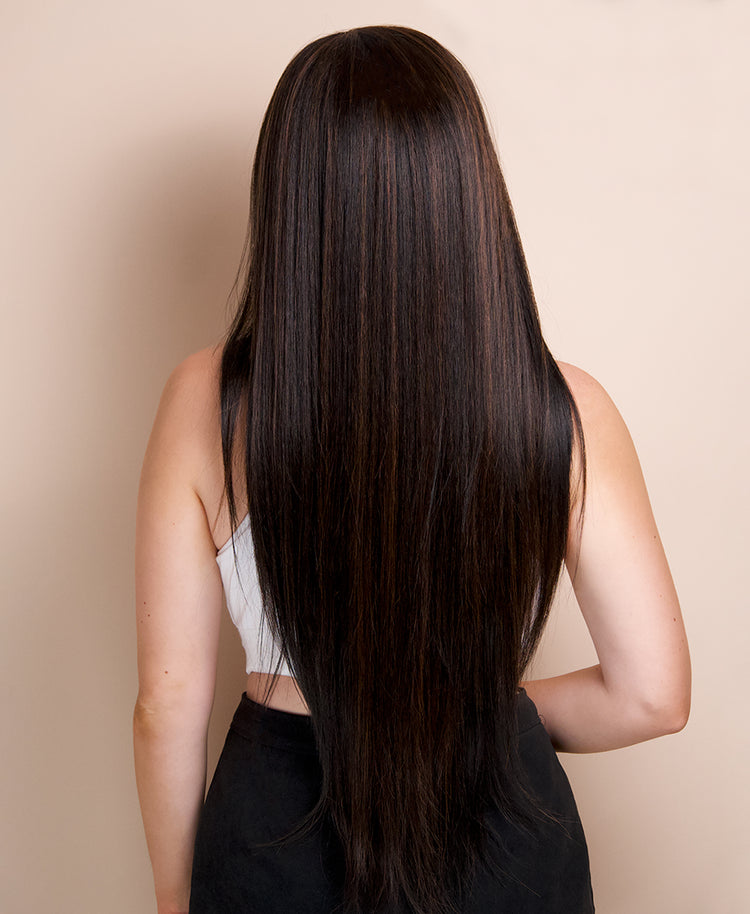 vegan fiber long layered wig 32" dark highlights.