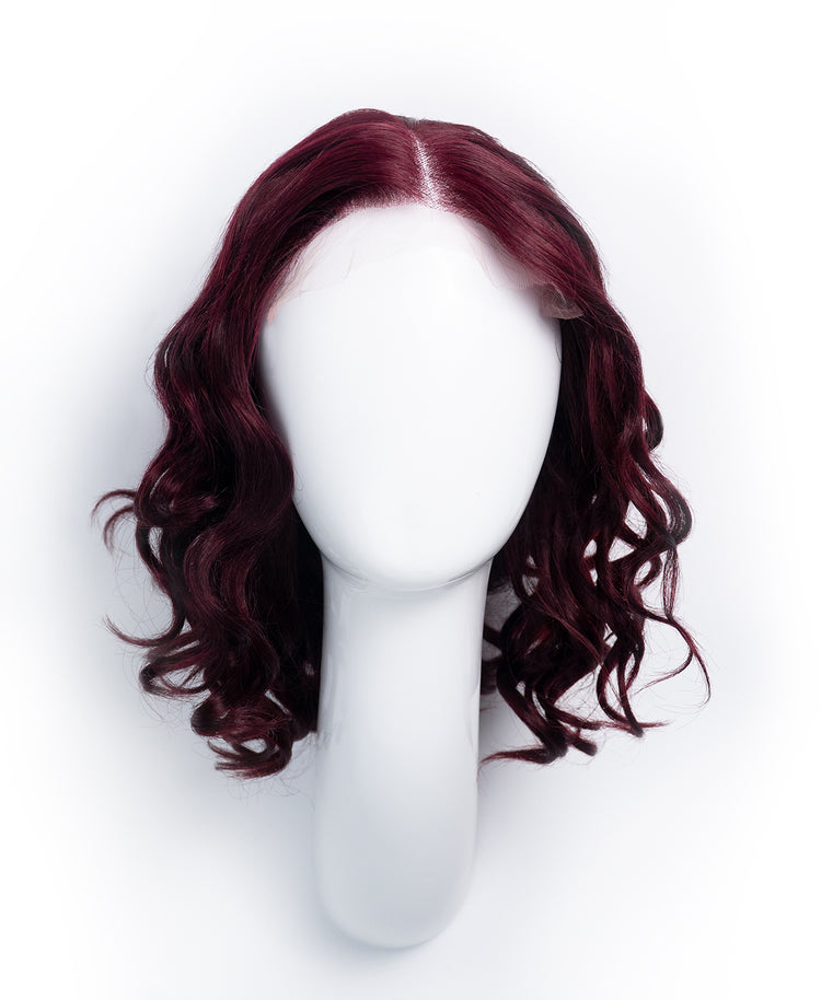 curly human wig - 12" dark red.