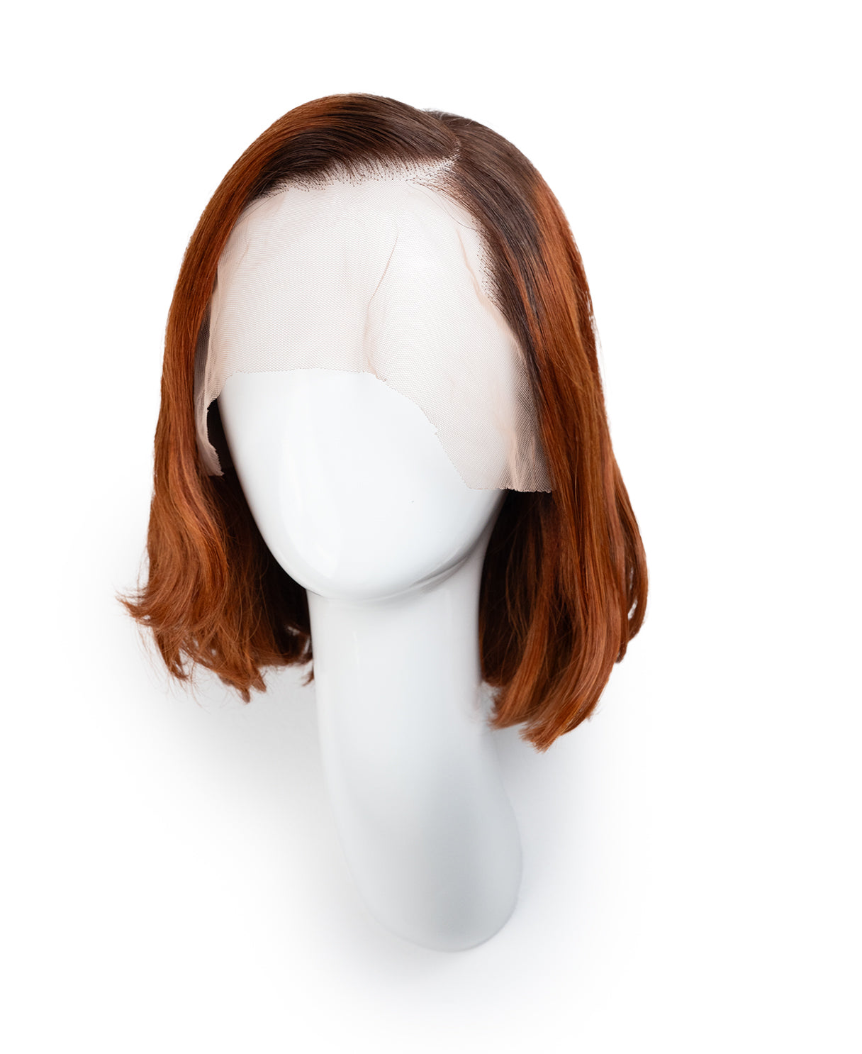 Copper hair wig on a mannequin head against a white background