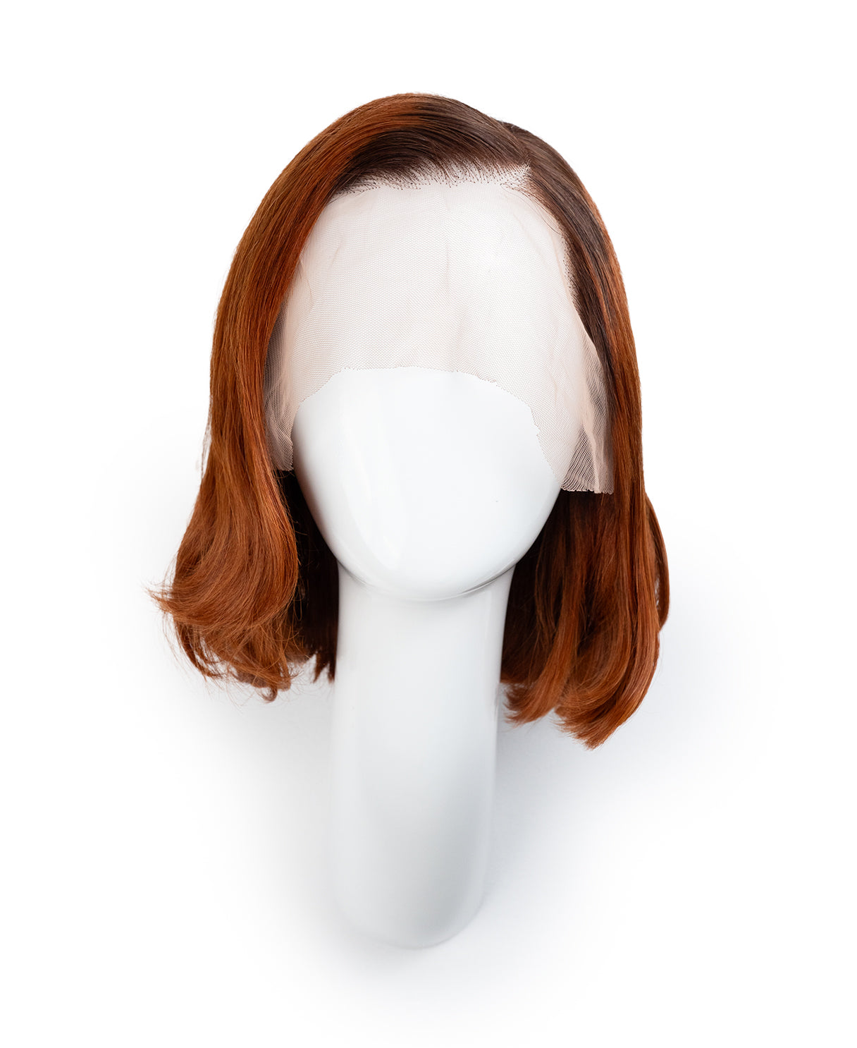 Copper hair wig on a mannequin head against a white background