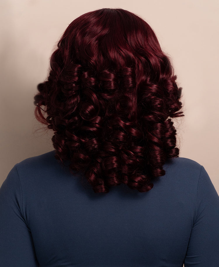 bouncy curls human wig - 14" dark red.