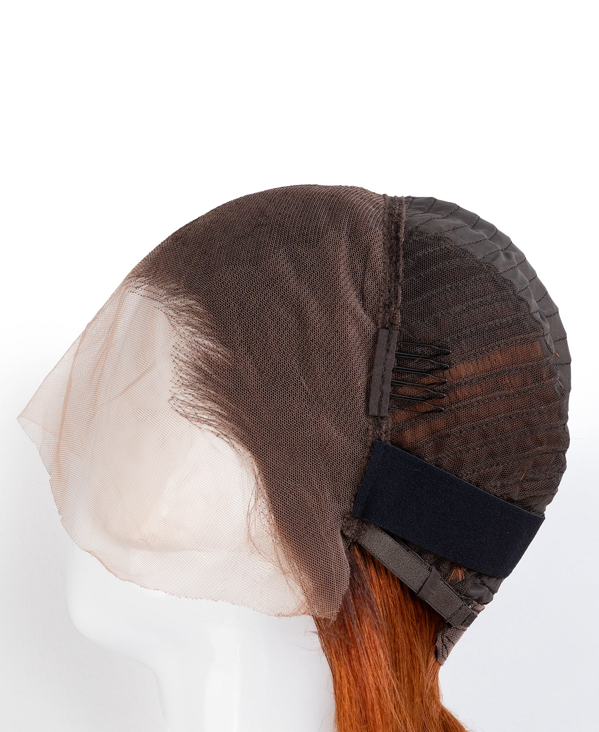Brown lace front wig on a mannequin head with a white background