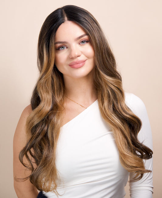 vegan fiber caramel balayage moneypiece wig 24".