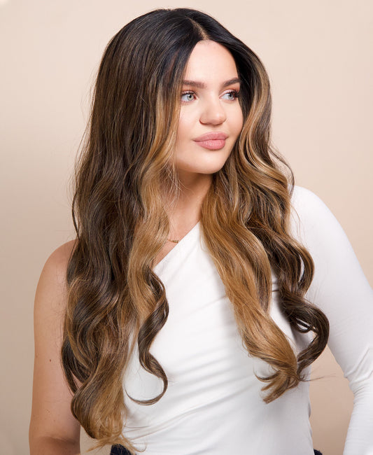 vegan fiber caramel balayage moneypiece wig 24".