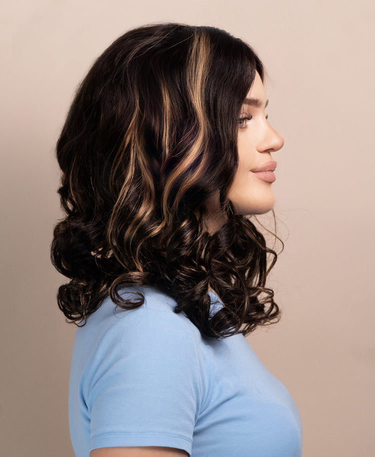 bouncy curls human wig - 16" highlighted black.