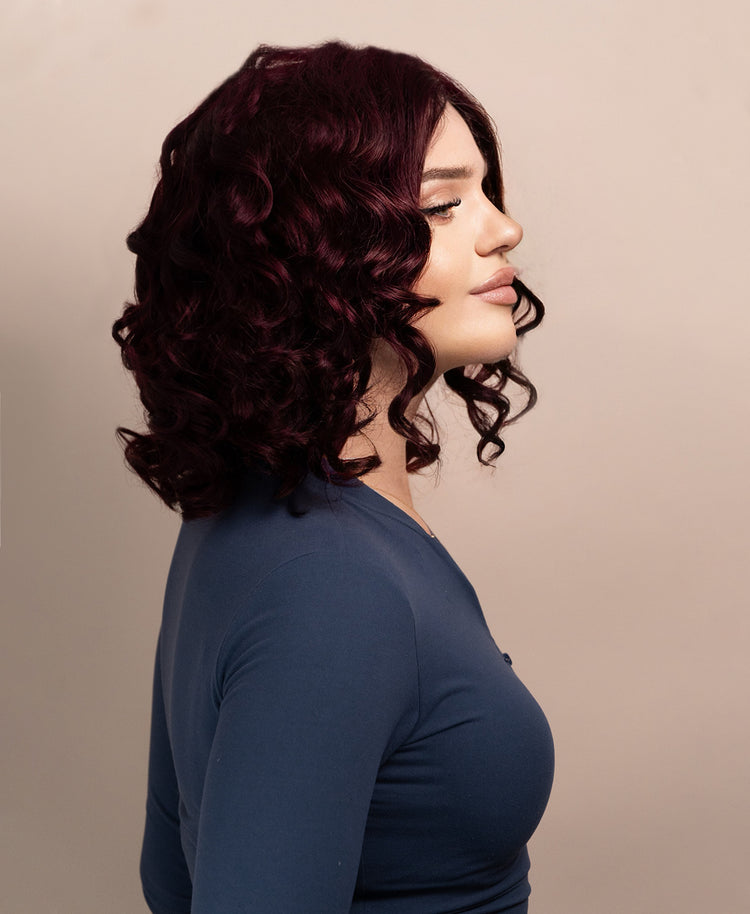 curly human wig - 12" dark red