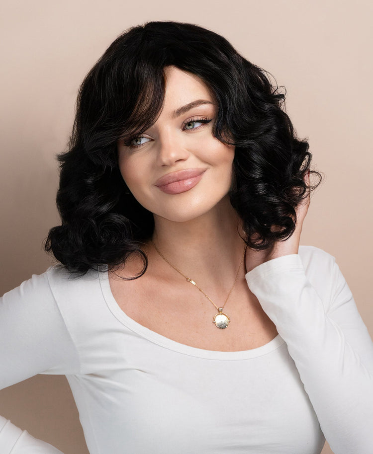 curly human wig with fringe - 14" natural black