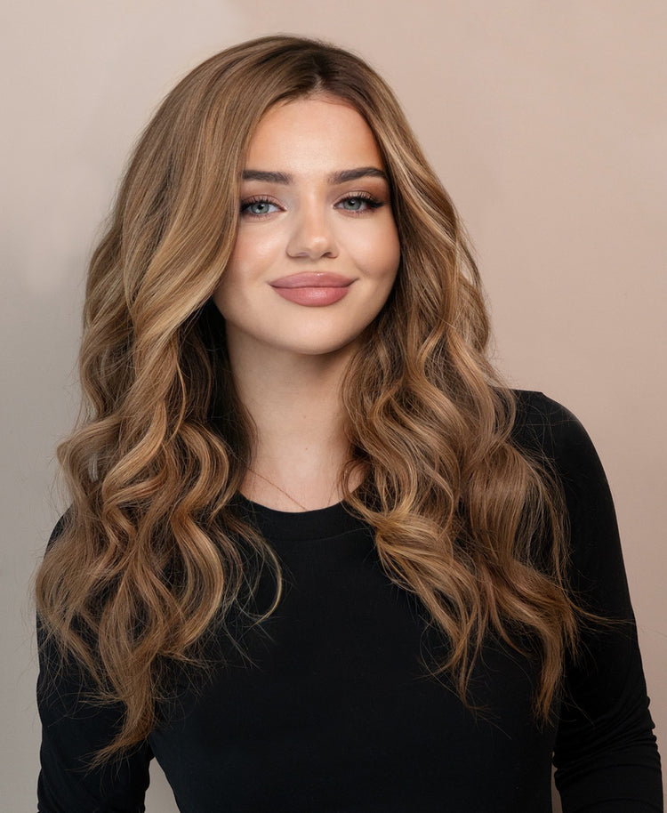 front lace human wig - 20" dark blonde balayage.