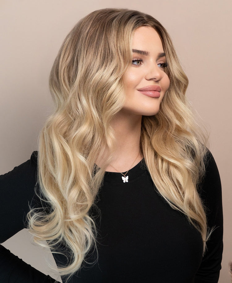 front lace human wig - 20" light blonde balayage.