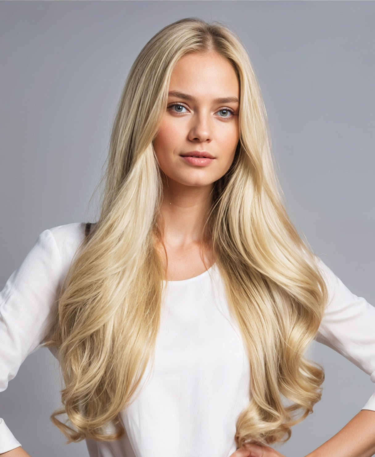 Woman with long, wavy blonde hair wearing a white top against a gray background with blonde hair extensions