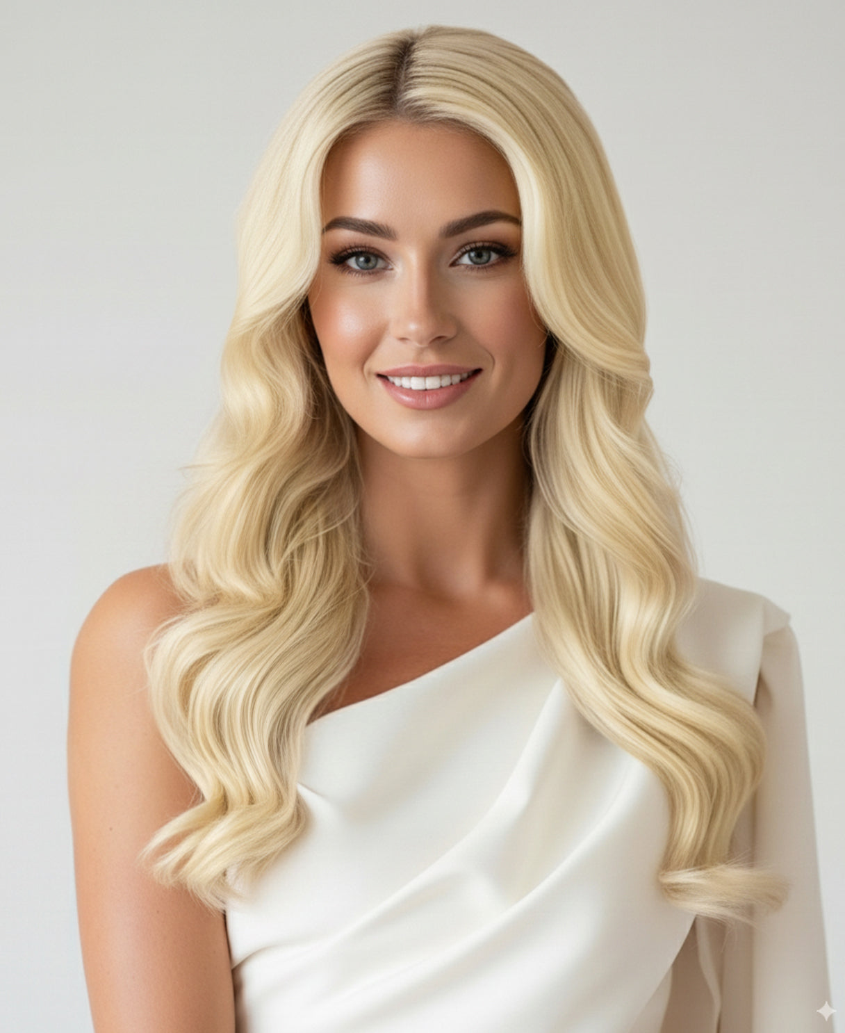 Woman with long, wavy blonde hair wearing a white dress against a plain background wearing blonde hair extensions